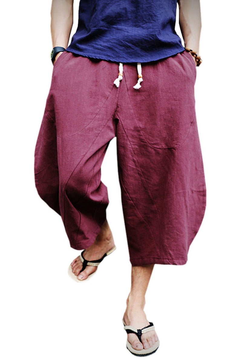 KAMUON Mens Casual Baggy Cotton Linen Pocket Lounge Harem Pants Beach Long Shorts (US L = Asian Tag 3XL : Waist 36"-37", Wine Red) - Image 1